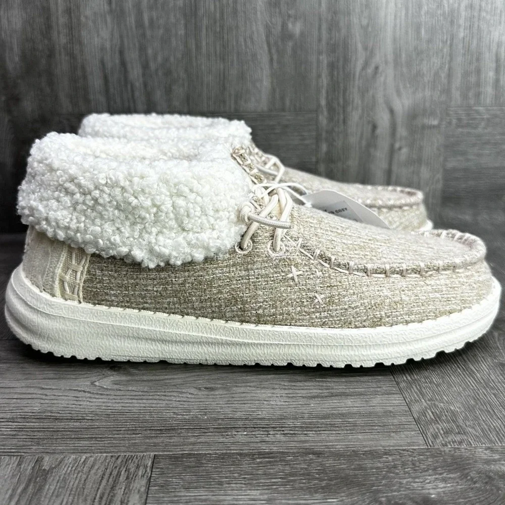 Hey Dude Wendy Fold Y Brushed Cozy Kids J2 Ivory Sherpa Moccasin NEW